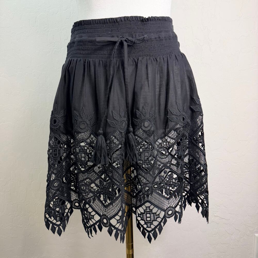 New Ramy Brook Ailani Black Crochet Lace Smocked Cotton Skirt Size L